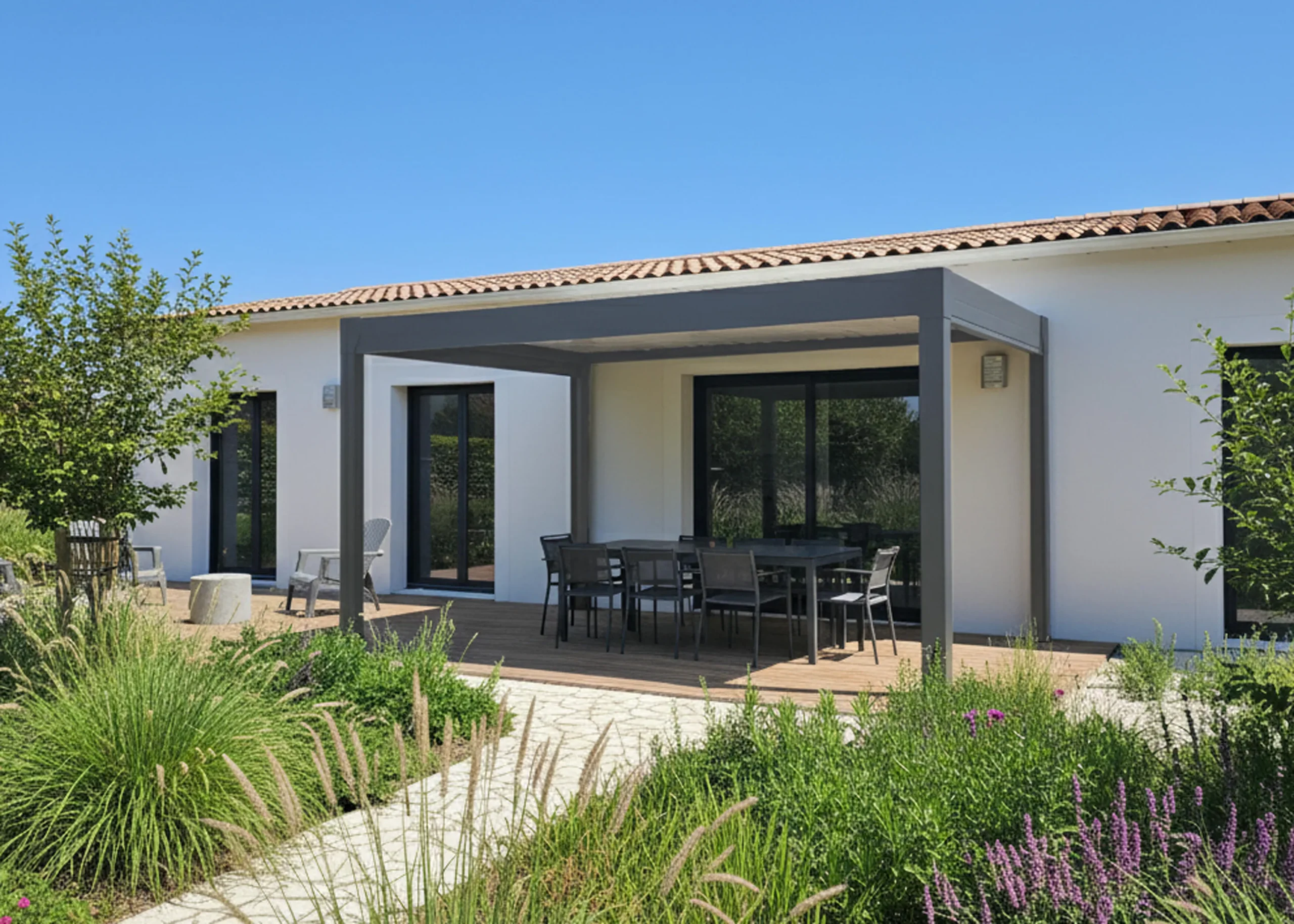 Pergola bioclimatique autoportante GREEN OUTSIDE Ménéa aluminium gris, 12 m²