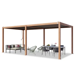 PRIMEYARD Pergola 3x6 m poteaux aspect bois en aluminium avec lames orientables en acier pavillon